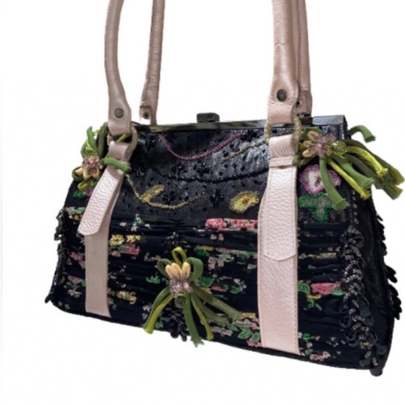 Mary Frances Floral Embellished Black and Pink Handbag - Picture 2 of 8